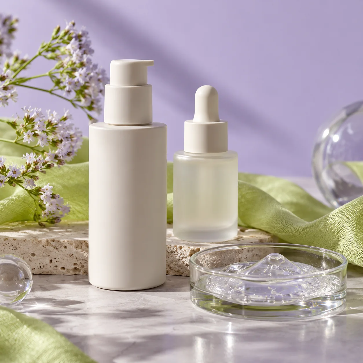 Unbranded skincare bottles, serum and botanical styling