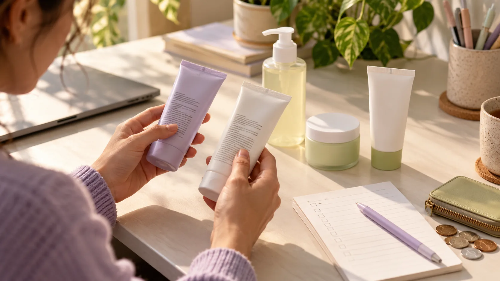 Hands comparing plain skincare labels at a sunlit desk