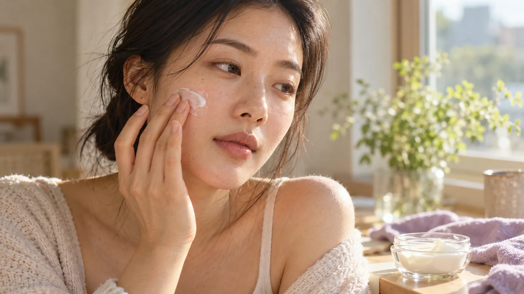 Adult woman applying a plain moisturiser in warm window light