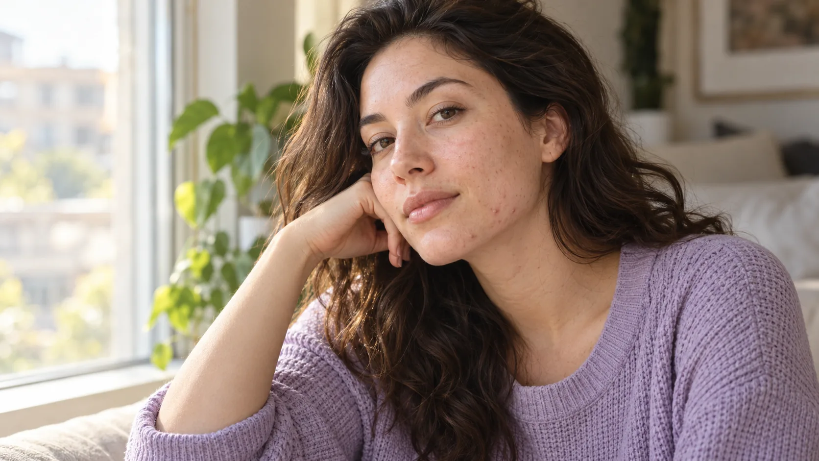 Adult woman with natural skin texture and mild jawline blemishes by a window