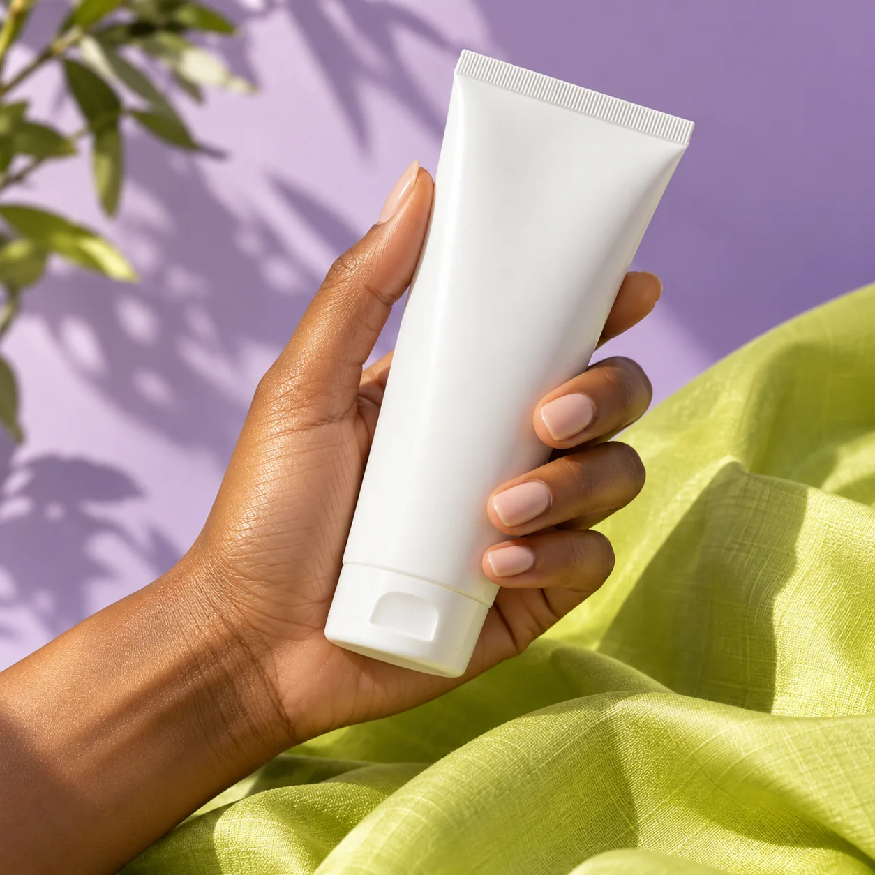 Unbranded serum and cream in a warm lavender editorial setting
