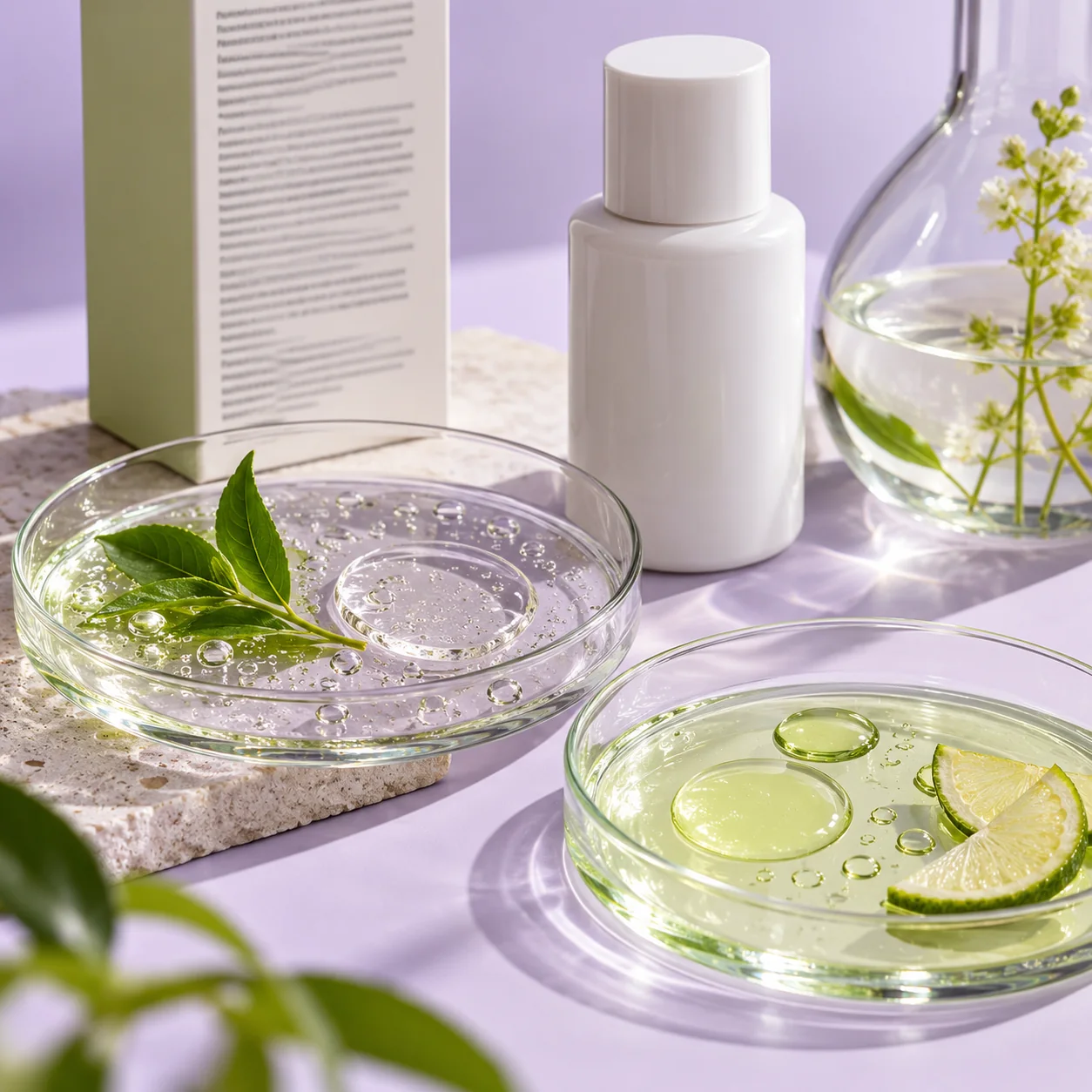 Unbranded skincare bottle, botanical ingredients and laboratory-style glass dishes