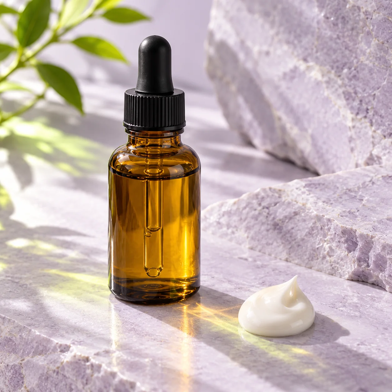 Plain skincare dropper bottle and cream on a pale lavender surface