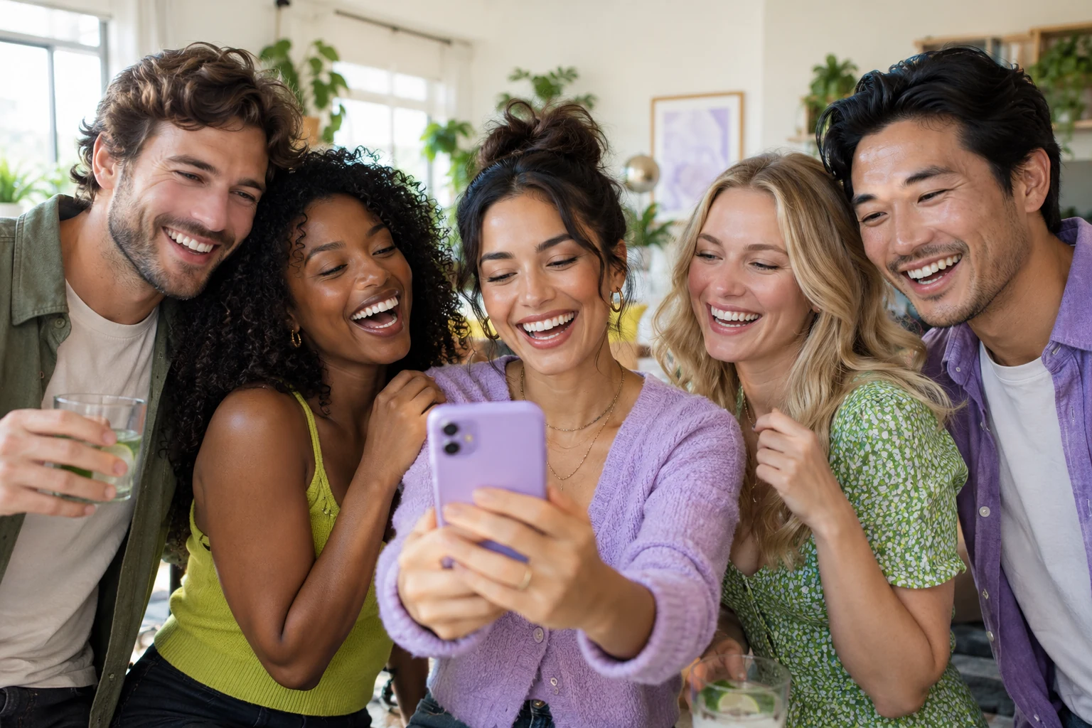 Five adult friends smiling together while comparing a playful skin age estimate