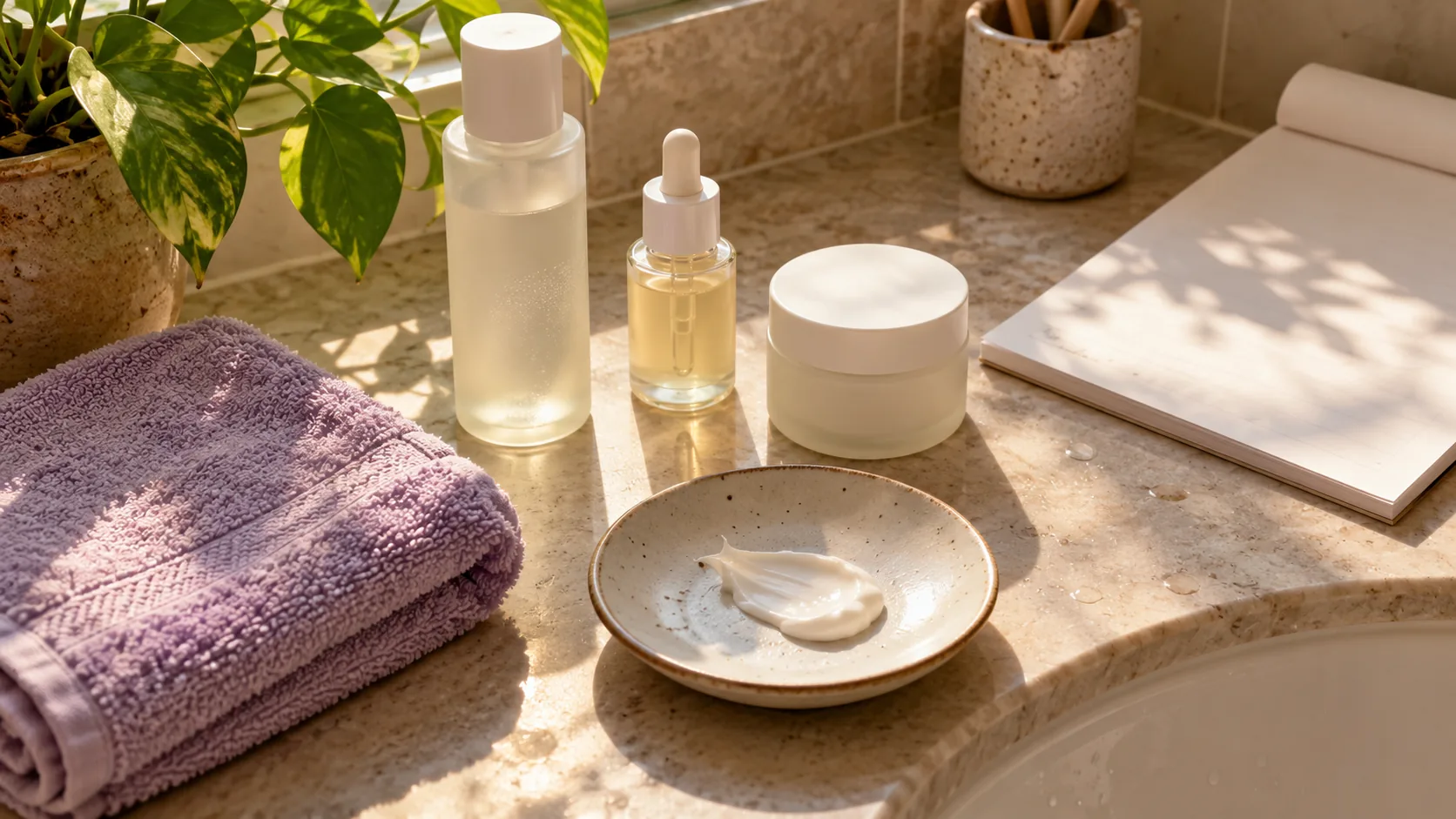 Plain skincare products and moisturiser on a sunlit bathroom shelf