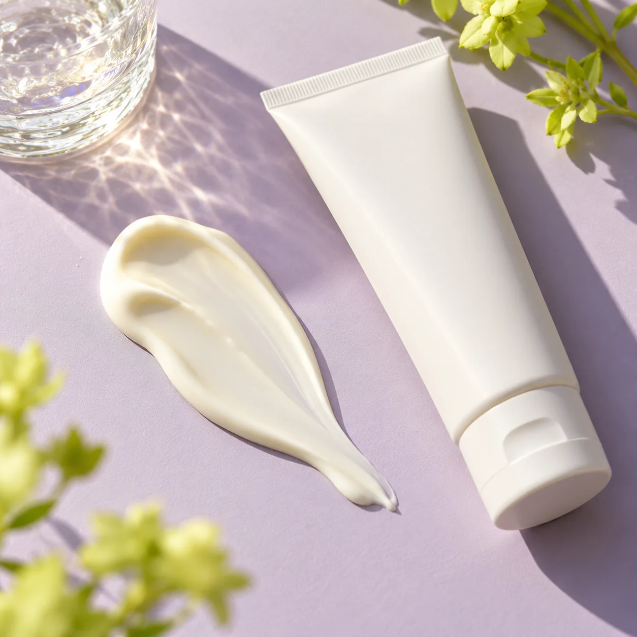Unbranded sunscreen tube and cream swatch in sunlight