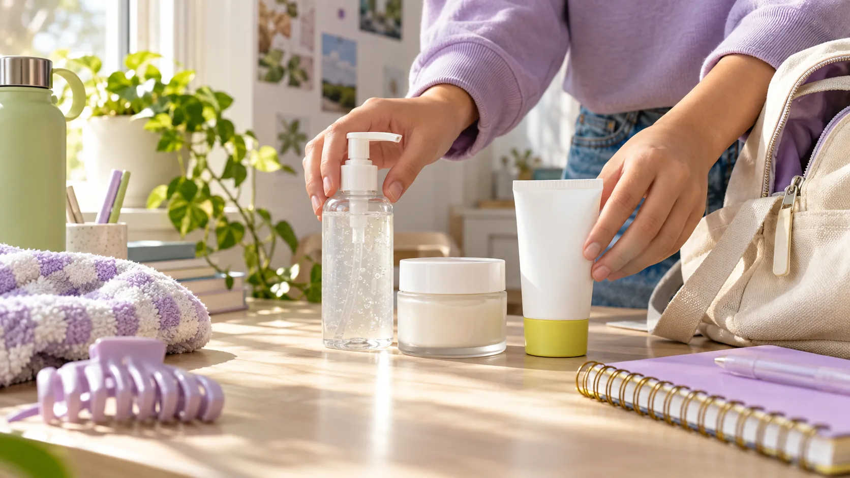 Hands arranging a simple cleanser, moisturiser and sunscreen beside a school bag